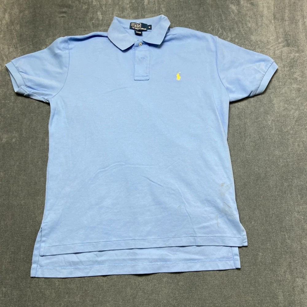 VTG Polo Ralph Lauren Polo Shirt Mens Medium Blue Cotton Hi Low Hem Pony